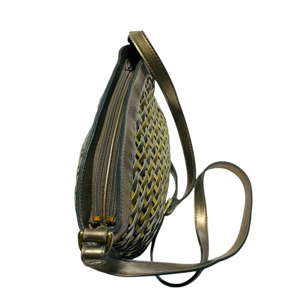 Bags by Marlo Gold and Pewter Leather Woven Crossbody Bag with Adjustable Strap - Picture 6 of 11